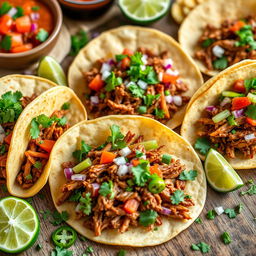 A delicious and vibrant taco spread featuring a variety of soft and crispy tacos filled with colorful ingredients
