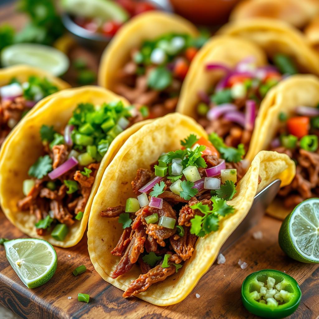 A delicious and vibrant taco spread featuring a variety of soft and crispy tacos filled with colorful ingredients