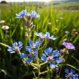 A close-up view of a chicory plant (Cichorium intybus), showcasing its bright blue flowers