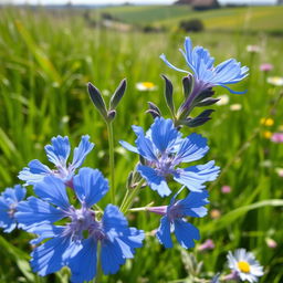 A close-up view of a chicory plant (Cichorium intybus), showcasing its bright blue flowers