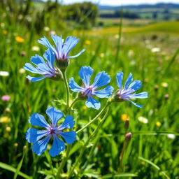A close-up view of a chicory plant (Cichorium intybus), showcasing its bright blue flowers