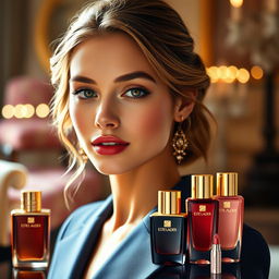 A stunning depiction of feminine beauty with a focus on elegance, showcasing a beautiful girl embodying the essence of Estee Lauder
