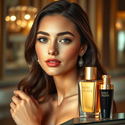 A stunning depiction of feminine beauty with a focus on elegance, showcasing a beautiful girl embodying the essence of Estee Lauder