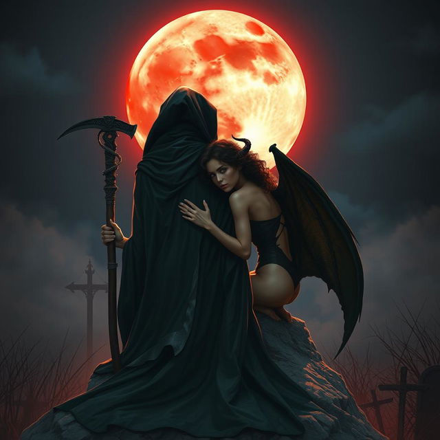 The Grim Reaper, with his back turned to the viewer, gazes thoughtfully at a vivid blood moon illuminating the night sky