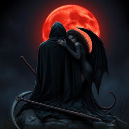 The Grim Reaper, with his back turned to the viewer, gazes thoughtfully at a vivid blood moon illuminating the night sky