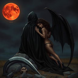 The Grim Reaper, with his back turned to the viewer, gazes thoughtfully at a vivid blood moon illuminating the night sky