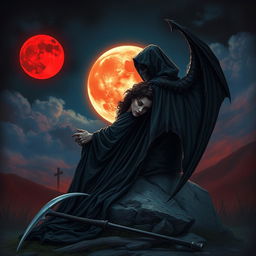 The Grim Reaper, with his back turned to the viewer, gazes thoughtfully at a vivid blood moon illuminating the night sky