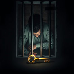 A scene depicting a dimly lit prison cell featuring a brick wall