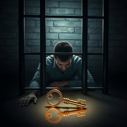 A scene depicting a dimly lit prison cell featuring a brick wall