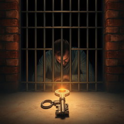 A scene depicting a dimly lit prison cell featuring a brick wall