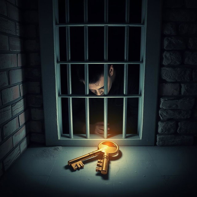 A scene depicting a dimly lit prison cell featuring a brick wall