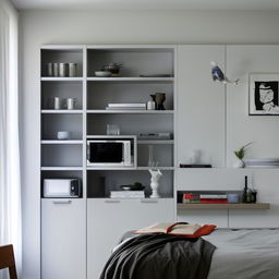 An organized, modern bachelor studio filled with essential furniture like a bed, a table, a chair, a bookshelf, a kitchenette and decorated with minimalistic art on the walls.