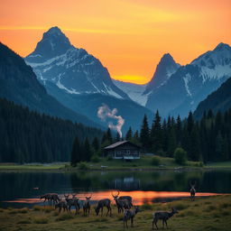 A serene mountain landscape during sunset, featuring lush green forests and a calm lake reflecting the orange and pink hues of the sky