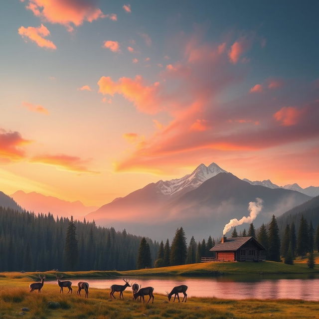 A serene mountain landscape during sunset, featuring lush green forests and a calm lake reflecting the orange and pink hues of the sky