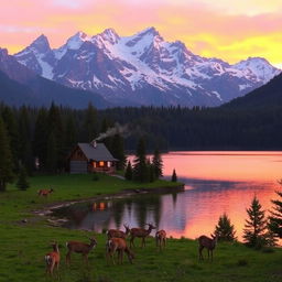 A serene mountain landscape during sunset, featuring lush green forests and a calm lake reflecting the orange and pink hues of the sky