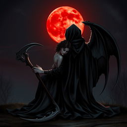 The Grim Reaper, with his back turned to the viewer, gazes deeply at a mesmerizing blood moon that hangs low in the night sky, casting a crimson glow across the dark landscape