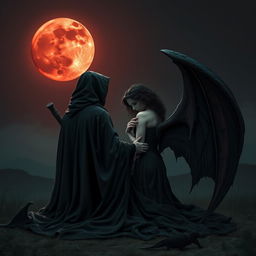 The Grim Reaper, with his back turned to the viewer, gazes deeply at a mesmerizing blood moon that hangs low in the night sky, casting a crimson glow across the dark landscape