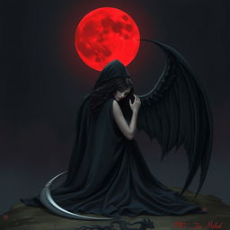 The Grim Reaper, with his back turned to the viewer, gazes deeply at a mesmerizing blood moon that hangs low in the night sky, casting a crimson glow across the dark landscape