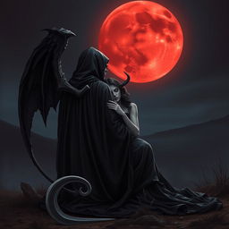 The Grim Reaper, with his back turned to the viewer, gazes deeply at a mesmerizing blood moon that hangs low in the night sky, casting a crimson glow across the dark landscape