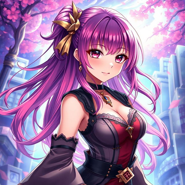 An anime-style illustration featuring a gorgeous female character with striking features and a confident pose