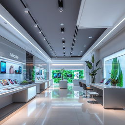 A modern phone store design featuring cutting-edge materials and technology, showcasing sleek display cases made from tempered glass and metal, vibrant LED lighting highlighting the latest smartphone models, interactive touch screens for customer information, a minimalist layout with clean lines and an open space concept, stylish seating areas for customers, and greenery integrated into the design for a fresh atmosphere