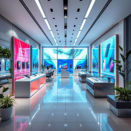 A modern phone store design featuring cutting-edge materials and technology, showcasing sleek display cases made from tempered glass and metal, vibrant LED lighting highlighting the latest smartphone models, interactive touch screens for customer information, a minimalist layout with clean lines and an open space concept, stylish seating areas for customers, and greenery integrated into the design for a fresh atmosphere