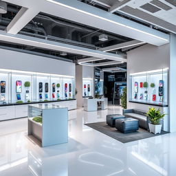 A modern phone store design featuring cutting-edge materials and technology, showcasing sleek display cases made from tempered glass and metal, vibrant LED lighting highlighting the latest smartphone models, interactive touch screens for customer information, a minimalist layout with clean lines and an open space concept, stylish seating areas for customers, and greenery integrated into the design for a fresh atmosphere