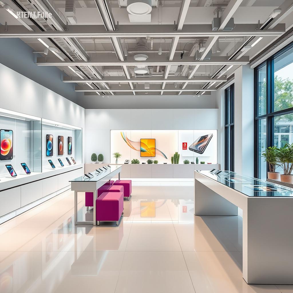 A modern phone store design featuring cutting-edge materials and technology, showcasing sleek display cases made from tempered glass and metal, vibrant LED lighting highlighting the latest smartphone models, interactive touch screens for customer information, a minimalist layout with clean lines and an open space concept, stylish seating areas for customers, and greenery integrated into the design for a fresh atmosphere