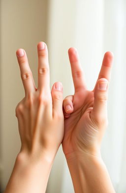 A close-up of two hands with fingers crossed, symbolizing hope and luck, set against a softly blurred background
