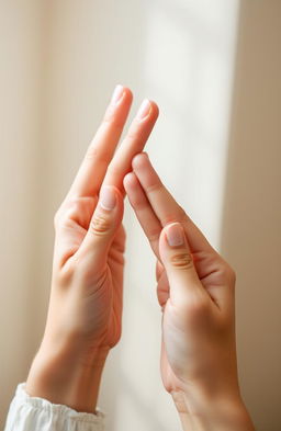 A close-up of two hands with fingers crossed, symbolizing hope and luck, set against a softly blurred background