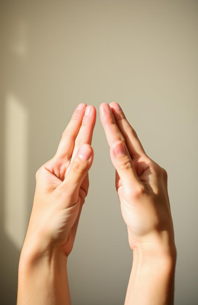 A close-up of two hands with fingers crossed, symbolizing hope and luck, set against a softly blurred background