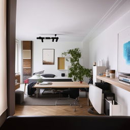 An organized, modern bachelor studio filled with essential furniture like a bed, a table, a chair, a bookshelf, a kitchenette and decorated with minimalistic art on the walls.