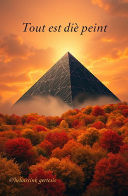 A book cover design featuring a stunning landscape of an autumn sky filled with vibrant oranges, yellows, and reds