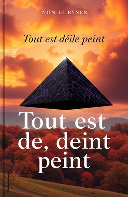 A book cover design featuring a stunning landscape of an autumn sky filled with vibrant oranges, yellows, and reds