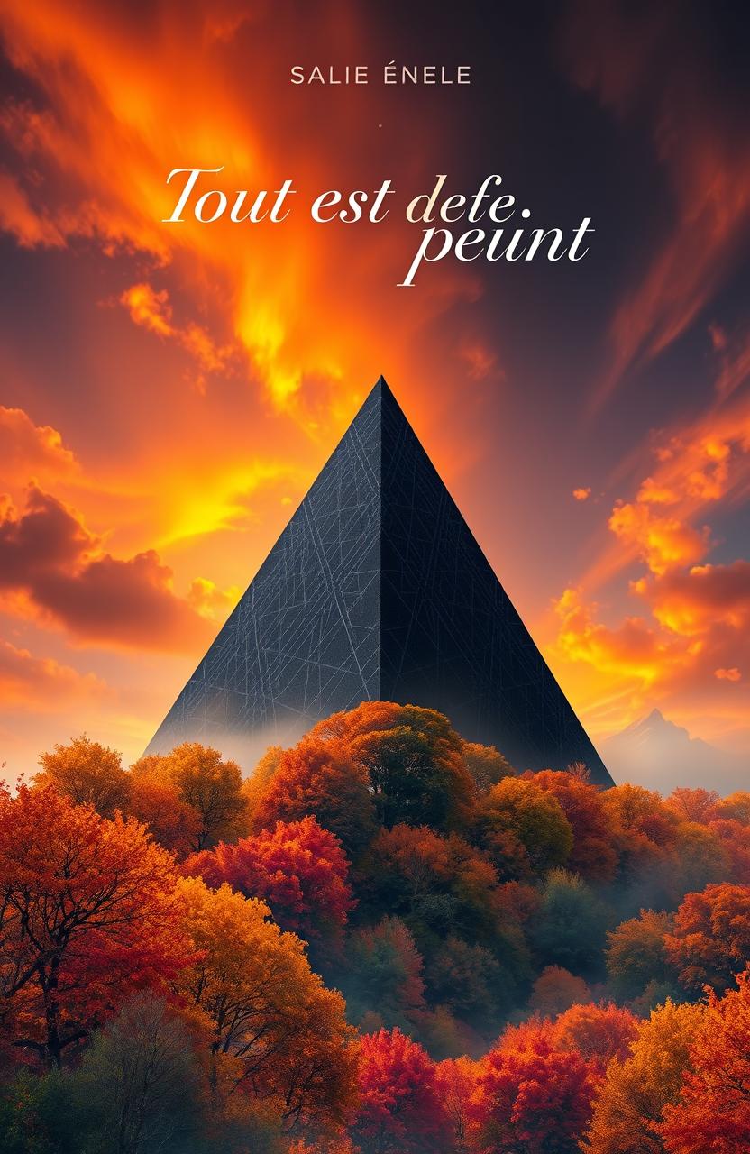 A book cover design featuring a stunning landscape of an autumn sky filled with vibrant oranges, yellows, and reds