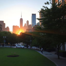 A serene city street during sunset, featuring a vibrant skyline filled with towering skyscrapers