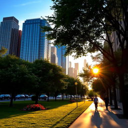 A serene city street during sunset, featuring a vibrant skyline filled with towering skyscrapers