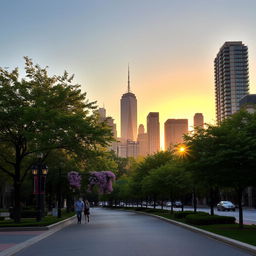 A serene city street during sunset, featuring a vibrant skyline filled with towering skyscrapers