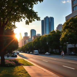 A serene city street during sunset, featuring a vibrant skyline filled with towering skyscrapers