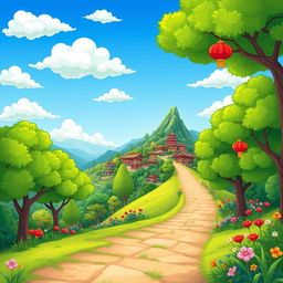 A whimsical cartoon scene depicting a vibrant trail surrounded by lush green trees, winding its way up a picturesque mountain