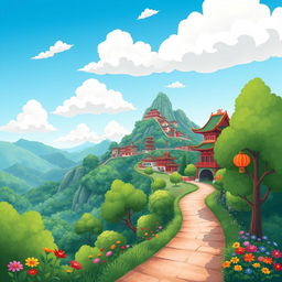 A whimsical cartoon scene depicting a vibrant trail surrounded by lush green trees, winding its way up a picturesque mountain