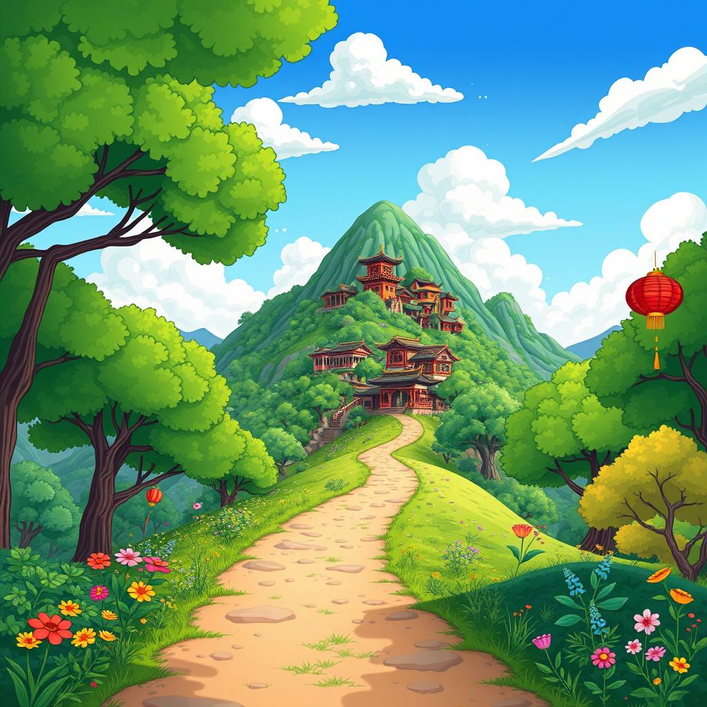 A whimsical cartoon scene depicting a vibrant trail surrounded by lush green trees, winding its way up a picturesque mountain