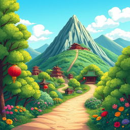 A whimsical cartoon scene depicting a vibrant trail surrounded by lush green trees, winding its way up a picturesque mountain
