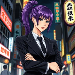 A light novel cover featuring a tall female yakuza with glossy purple hair tied in a high ponytail