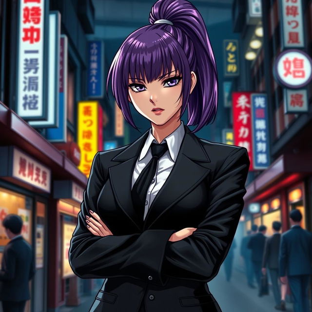 A light novel cover featuring a tall female yakuza with glossy purple hair tied in a high ponytail