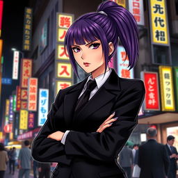 A light novel cover featuring a tall female yakuza with glossy purple hair tied in a high ponytail