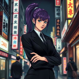 A light novel cover featuring a tall female yakuza with glossy purple hair tied in a high ponytail