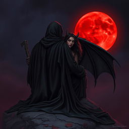 The Grim Reaper, with his back turned towards the viewer, is captured in a moment of reflection as he gazes at a mesmerizing blood moon illuminating the night sky with its deep crimson hue