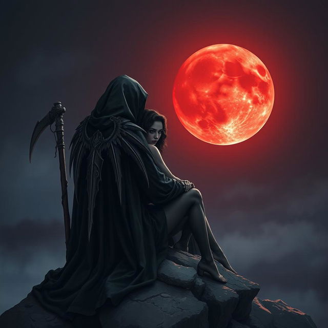 The Grim Reaper, with his back turned towards the viewer, is captured in a moment of reflection as he gazes at a mesmerizing blood moon illuminating the night sky with its deep crimson hue