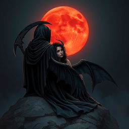 The Grim Reaper, with his back turned towards the viewer, is captured in a moment of reflection as he gazes at a mesmerizing blood moon illuminating the night sky with its deep crimson hue